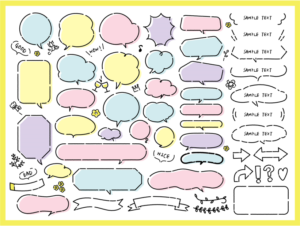 手書きの吹き出しセット（フレーム、飾り枠、ふきだし、吹き出し、ふき出し、手書き、見出し、ラベル、枠、リボン、あしらい、タイトル、囲み、囲み枠、飾り、バナー、セット、装飾、ボックス、表題、シンプル、セリフ、矢印）