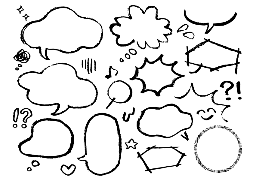 筆で描かれた吹き出しセット（ふきだし、手描きふきだし、ふきだし素材、イラスト、強調、冷や汗、漫画表現、感情、筆、手描き、セット、ベクター、ハート、星、音符、汗、びっくり、驚き、装飾）