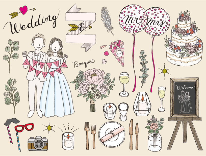 ウェディングアイテムのイラスト(ウェディング、結婚式、新郎新婦、風船、ケーキ、ブーケ、ウェルカムボード、キャンドル、カメラ、花)