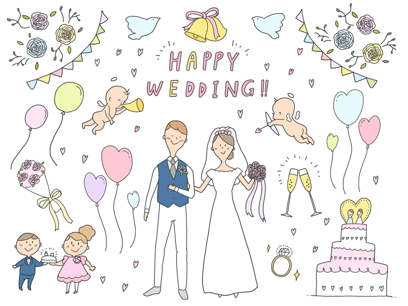 結婚式(人物、ウェディング、結婚、結婚式、花嫁、花婿、ブーケ、ドレス、花、バラ、エンゲージリング、ハート、リボン、祝福、植物、鳥、指輪、男の子、女の子、リングピロー、シャンパン、天使、花束、風船、ウェディングケーキ)