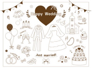 結婚式　線画イラストセット(ウェディング、スーツ、ドレス、ベル、ロウソク、シャンパン、風船、花束、指輪、リボン、ハイヒール、教会、イヤリング、ネックレス、ケーキ、ウェディングケーキ、花、ガーランド)