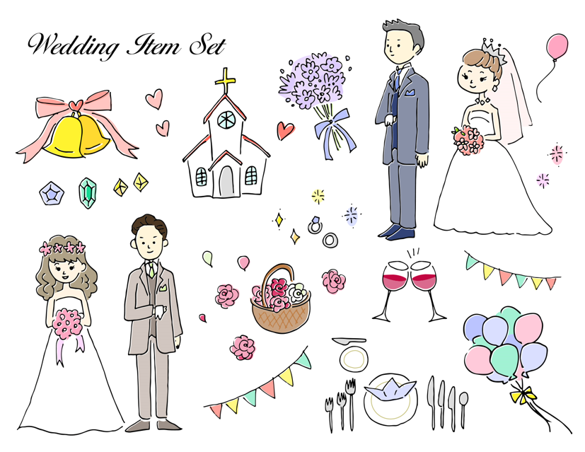 手描き　結婚式のイラストセット(ウェディング、ブライダル、新郎新婦、教会、チャペル、ブーケ、花束、ベル、リボン、指輪、風船、ガーランド、花、ワイン、カトラリー、ドレス、ナチュラル、線画)