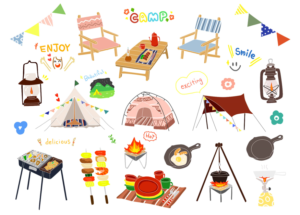 カラフルおしゃれなキャンプ用品のイラストセット（バーベキュー、ランタン、アウトドア、手描き、可愛い、かわいい、北欧、テント、ガーランド、スキレット、目玉焼き、食べ物、料理、串焼き、ダッチオーブン、焚火、椅子、チェア、テーブル）