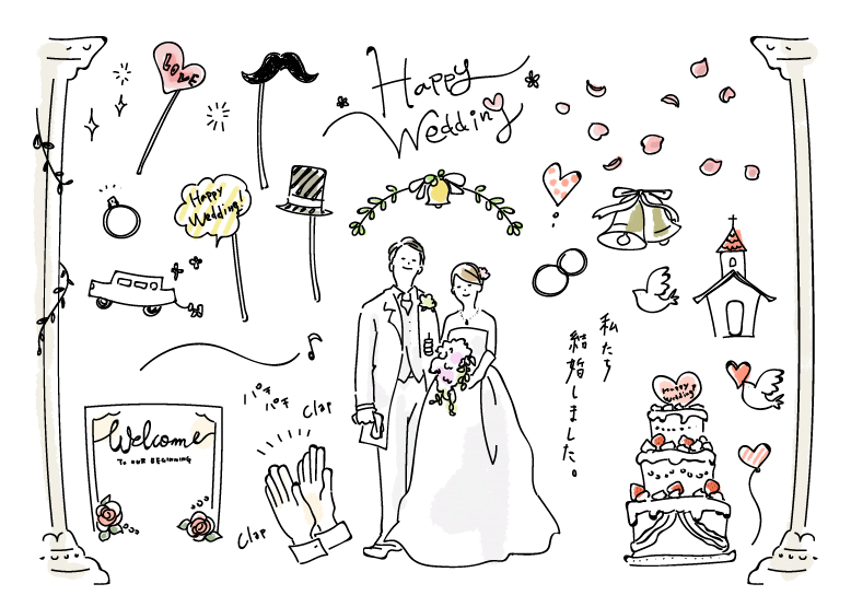 結婚式に使えるかもウェディングイラスト(結婚式、手描き、ラフ、新婦、新郎、ウェディング、教会、ウェディングボード、指輪、ベル、ウェディングケーキ、かわいい、ハート、挙式、チャペル、鳩)