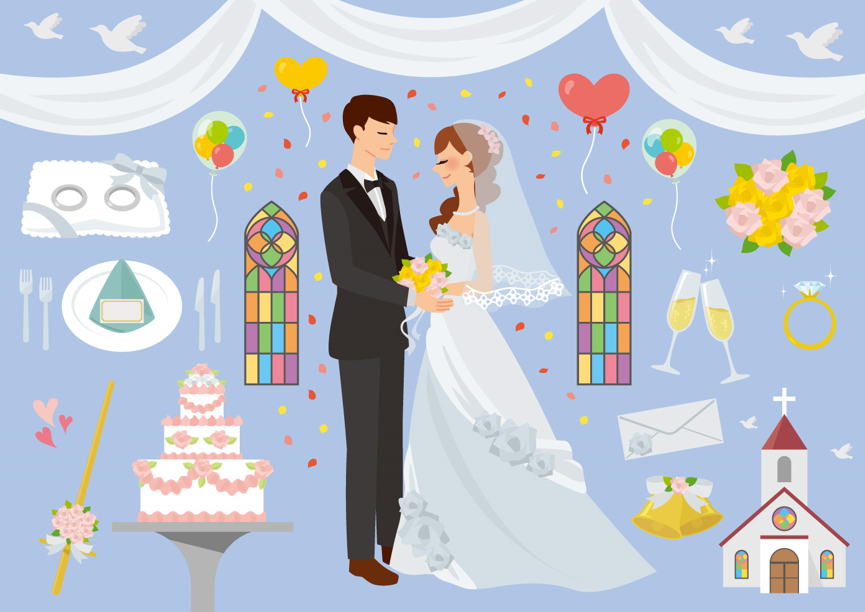ウェディング(結婚式、ジューンブライド、花嫁、花婿、ウェディング、おしゃれ、結婚指輪、リングピロー、ウェデングケーキ、チャペル、教会、ブーケ、キャンドルサービス、風船、ステンドグラス、バルーン、フラワーシャワー、シャンパン)