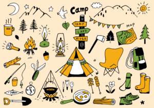 手描き線画のキャンプイラスト（アウトドア、手描き、線画、ペン画、テント、キャンプファイヤー、長靴、目玉焼き、リュック、ガーラント、地図、ワンゲル、イス、スコップ、ランタン、ランプ、ナイフ）