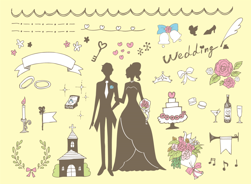 ウェディング手描き素材(ウェディング、ブライダル、手書き、ガーリー、ラフ、結婚式、かわいい、花、おしゃれ、メルヘン、ファンシー、ハート、ピンク、リボン、教会、ブーケ、指輪、旗、羽)