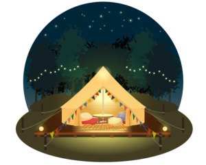 夜のキャンプ場(グランピング、キャンプ、テント、アウトドア、夜、夜空、星空、森林)