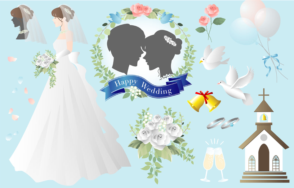 ウェディングドレスの女性とブライダル(ウエディング、ブライダル、花嫁、結婚、教会、結婚式、婚約、指輪、ブーケ、バラ、ハト、シャンパン、風船、ベル、ベール、リボン、ウエディングドレス、青い鳥、花びら）