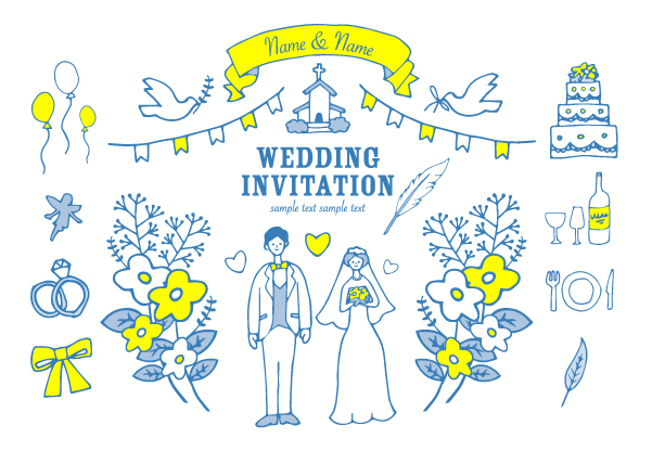 ウエディングのイラスト(結婚式、指輪、リング、ハート、教会、花、かわいい、キュート、シンプル、ウエディング、ケーキ、天使、リボン、植物、葉っぱ、ドレス、チャペル、ウエディングドレス、タキシード、ブーケ）