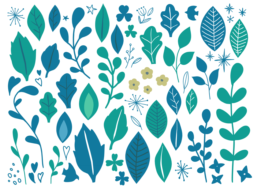手書き北欧風葉っぱ（ボタニカル、植物、ナチュラル、北欧風、手描き、緑、青、蔦、花、鳥、ハート、キラキラ、星、素材、おしゃれ、ペン画、シンプル、かわいい、可愛い、シルエット、自然、茎、草、観葉植物、クローバー）