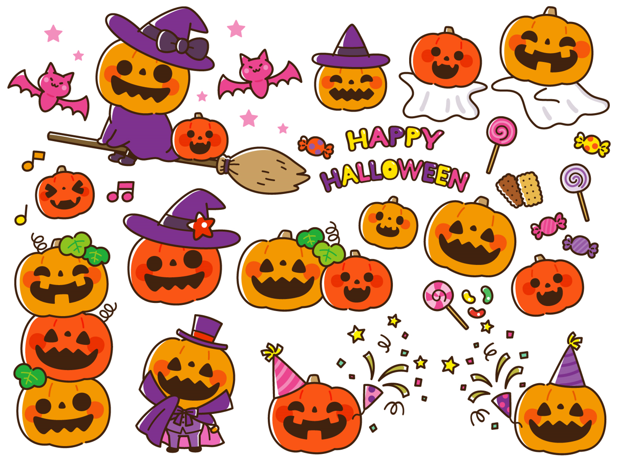 ハロウィンかぼちゃセット（おばけ、お菓子、飴、飴玉、キャンディー、クッキー、ゼリービーンズ、イベント、かわいい、ほうき、クラッカー、タイトル、音符、マント、シルクハット、こうもり）
