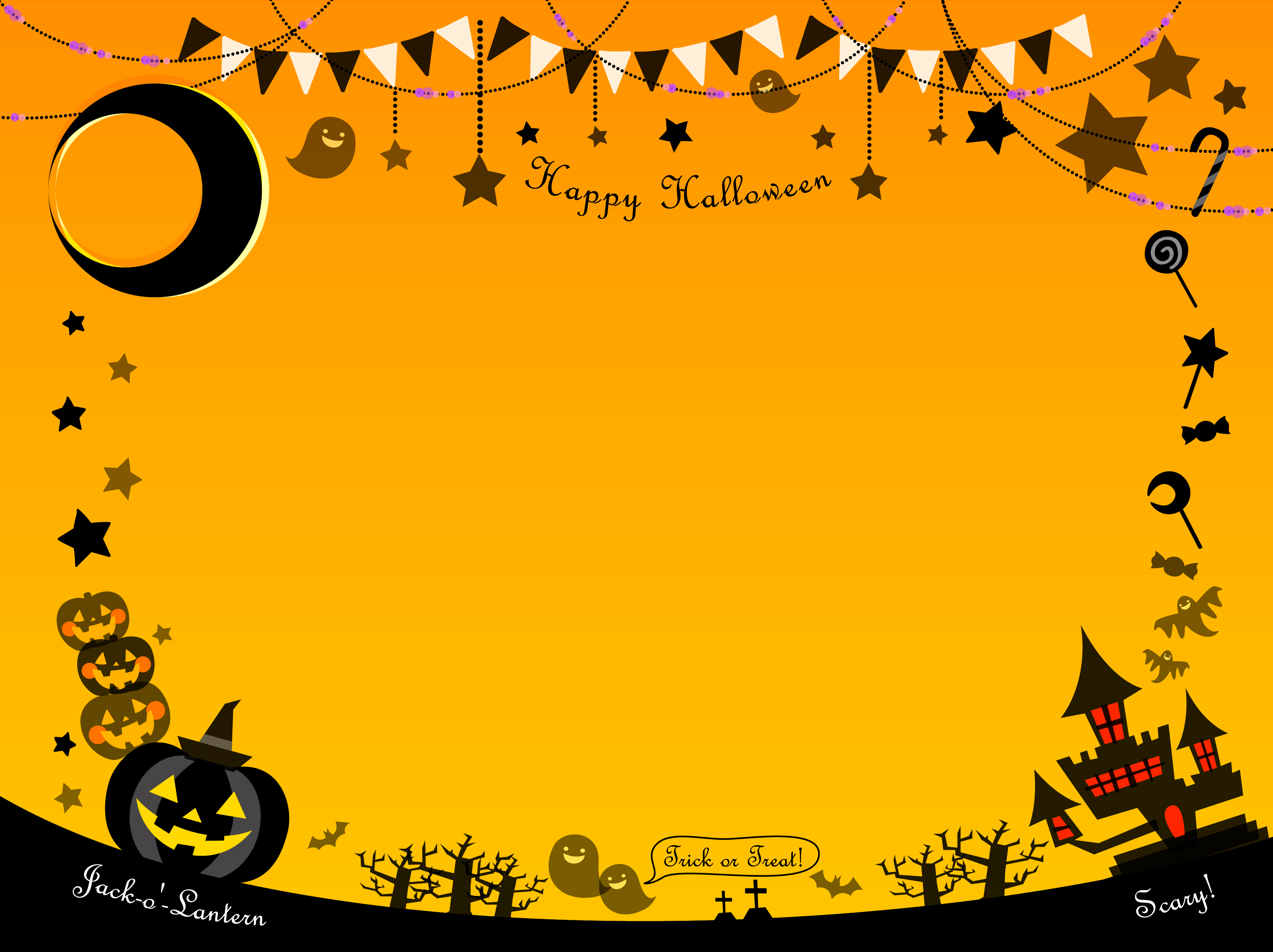 ハロウィン背景（ハロウィンフレーム、ハロウィン、カボチャ、お城、こうもり、秋、飾り、背景、枠、おばけ、月、moon、屋敷、墓、十字架、星、あめ、ジャック）