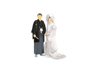 新郎新婦（新郎、新婦、花嫁、花婿、結婚式、婚姻、ウエディング、ウェディング、披露宴、カップル、夫婦、羽織袴、紋付、綿帽子、白無垢、打掛、着物、和装、花嫁衣装、記念写真、婚礼、慶事、祝福、ファミリー、日本人、手描き）