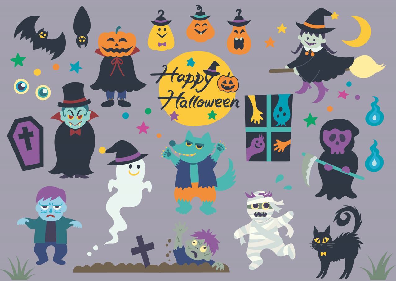 ハロウィンのおばけとモンスターイラスト（魔女、かぼちゃ、ミイラ、ゾンビ、死神、ドラキュラ、黒猫、狼男、狼、ガイコツ、火の玉、コウモリ、帽子、月、お墓、棺桶、かわいい、シンプル、手描き）