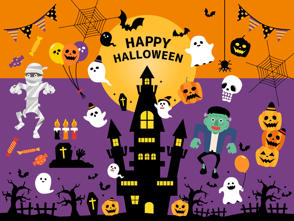 ハロウィンイラストセット（かぼちゃ、ジャックオーランタン、墓地、十字架、ペロペロキャンディ、お菓子、ロウソク、キャンドル、蜘蛛の巣、枯れ木、城、洋館、かわいい、おしゃれ、フランケン、おばけ）