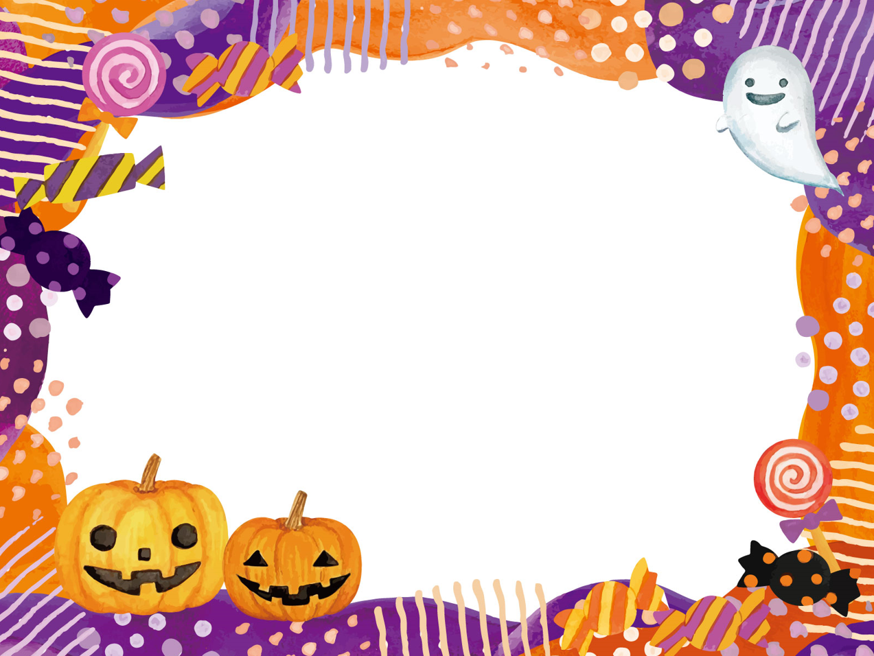 ハロウィンキャンディお菓子のフレーム（ハロウィン、ハロウィーン、枠、かぼちゃ、ジャックオーランタン、キャンディ、飴、フレーム、ロリポップ、お菓子、ドット、ストライプ、おばけ、ランタン、黒猫、猫、コウモリ、10月、秋、収穫祭、水彩風、かわいい、手書き）