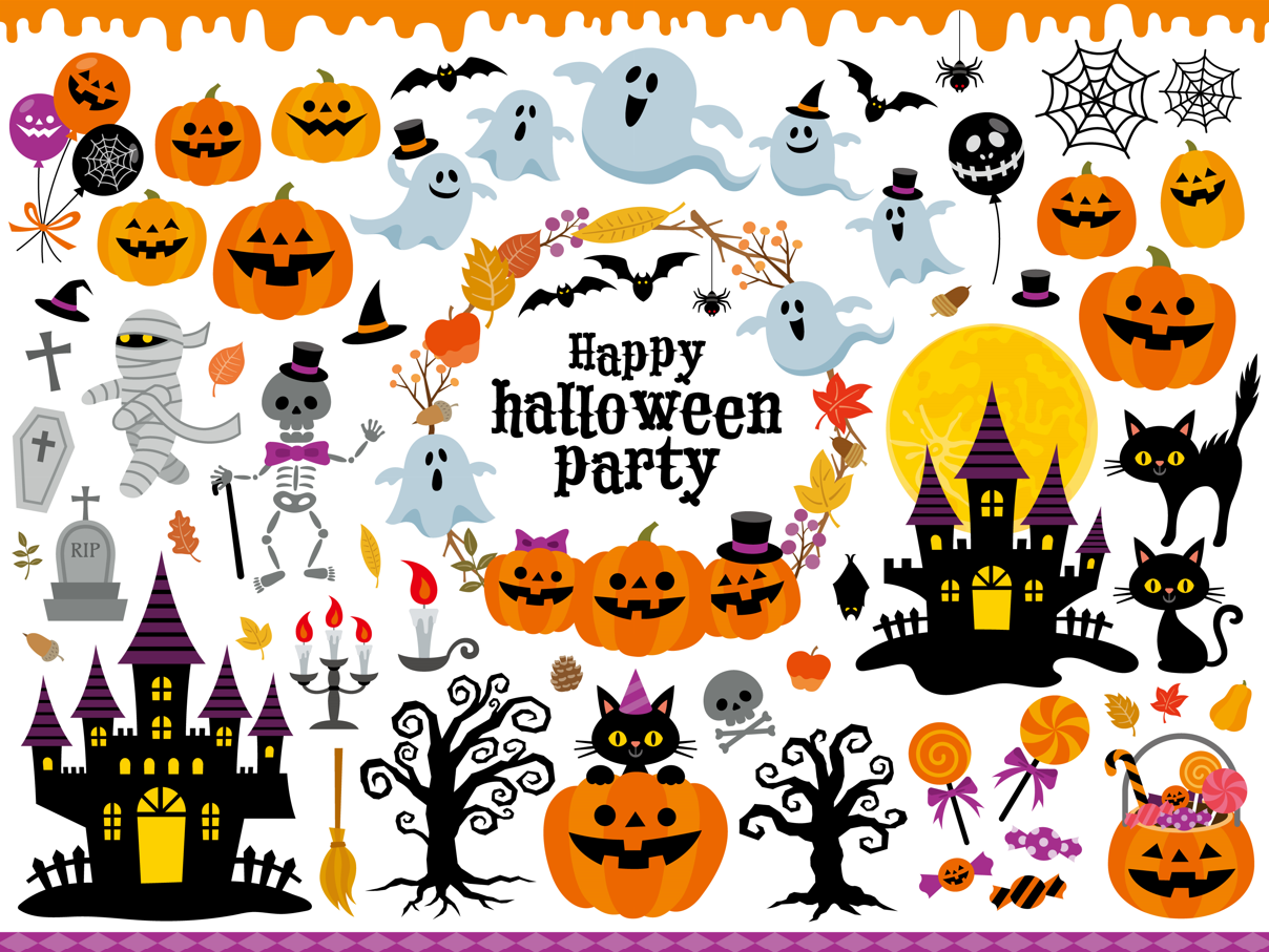 かわいいお化けたちのハロウィンイラストのセット（ジャックオランタン、かぼちゃ、ゴースト、お城、おしゃれ、ガイコツ、ハロウィーン、お墓、十字架、パンプキン、ミイラ、ドクロ、枯れ木、お菓子）