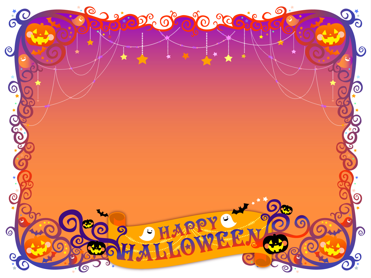 ハロウィン背景（ハロウィンフレーム、ハロウィン、カボチャ、こうもり、秋、飾り、背景、枠、おばけ、星、ジャック、英語、木、オーナメント、リボン、コーナー）
