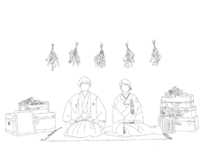 前撮り　和装イラスト（結婚、ウェディング、カップル、花嫁、花婿、前撮り、和装、着物、モノクロ、イラスト、ブーケ、正座、白無垢、結婚式）
