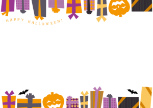 ハロウィンプレゼントフレーム（ドッド、フラットデザイン、スペシャル、テキスタイル、特別、贈呈、ランダム、フラット、しま、ふち、贈る、セット、文様、飾り枠、贈答、星柄、10月、額、フレーム、枠、ジャックオランタン、りぼん、おしゃれ、オシャレ、装飾、ライン、線、ストライプ、リボン、ハロウィン、ランタン、かぼちゃ、カボチャ、飾り、四角、背景、パターン、模様、柄、贈り物、秋、水玉、星、プレゼント）