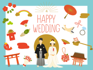 結婚式_和装（和装、着物、和服、白無垢、袴、めでたい、寿、和、日本、wedding、happywedding、結婚、結婚式、グッズ、雑貨、ウェディング、ウエディング、男女、夫婦、虹、バラ、花束、ダイヤ、指輪、リング、ブーケ、かわいい、水色、お祝い、シンプル、古風、文字、英語、ことぶき、長柄銚子、お神酒、神社、神前式、鳥居、雲、鶴、亀）