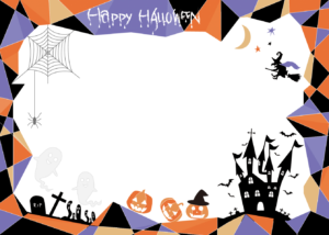 ハロウィンの飾りフレーム（ハロウィン、フレーム、飾り枠、かぼちゃ、お化け、イラスト、おばけ、城、お墓、魔女、ジャックオーランタン、幽霊、蜘蛛の巣、クモ、ハロウィンのイラスト、カード用イラスト、pop用飾り枠、秋のイベント、コウモリ、月、星、ハッピーハロウィン、ハロウィンフレーム、ハロウィン枠、happy、halloween、ハロウィンイラスト、オレンジ、紫、パープル）
