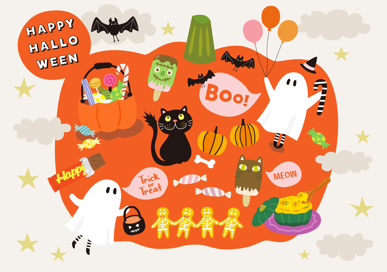 ハロウィンかわいいイラストセット（かぼちゃ、おばけ、風船、雲、コウモリ、骨、お菓子、アイス、猫、キャンディ、料理、チョコレートバー、チョコ、クッキー、帽子、バスケット）