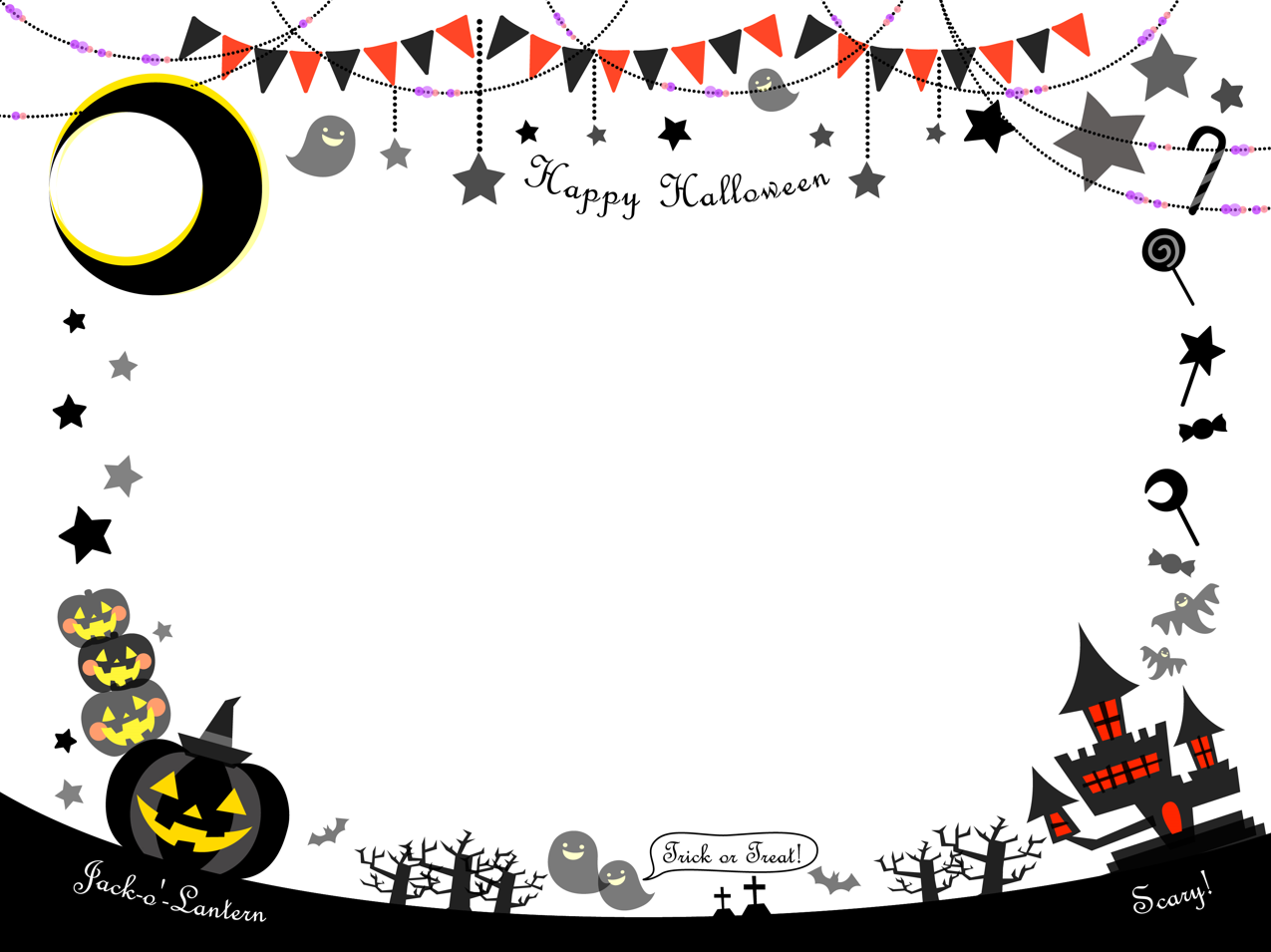 ハロウィン背景（ハロウィンフレーム、ハロウィン、カボチャ、お城、こうもり、秋、飾り、背景、枠、halloween、autumn、おばけ、月、moon、屋敷、墓、十字架、星、あめ、ジャック）