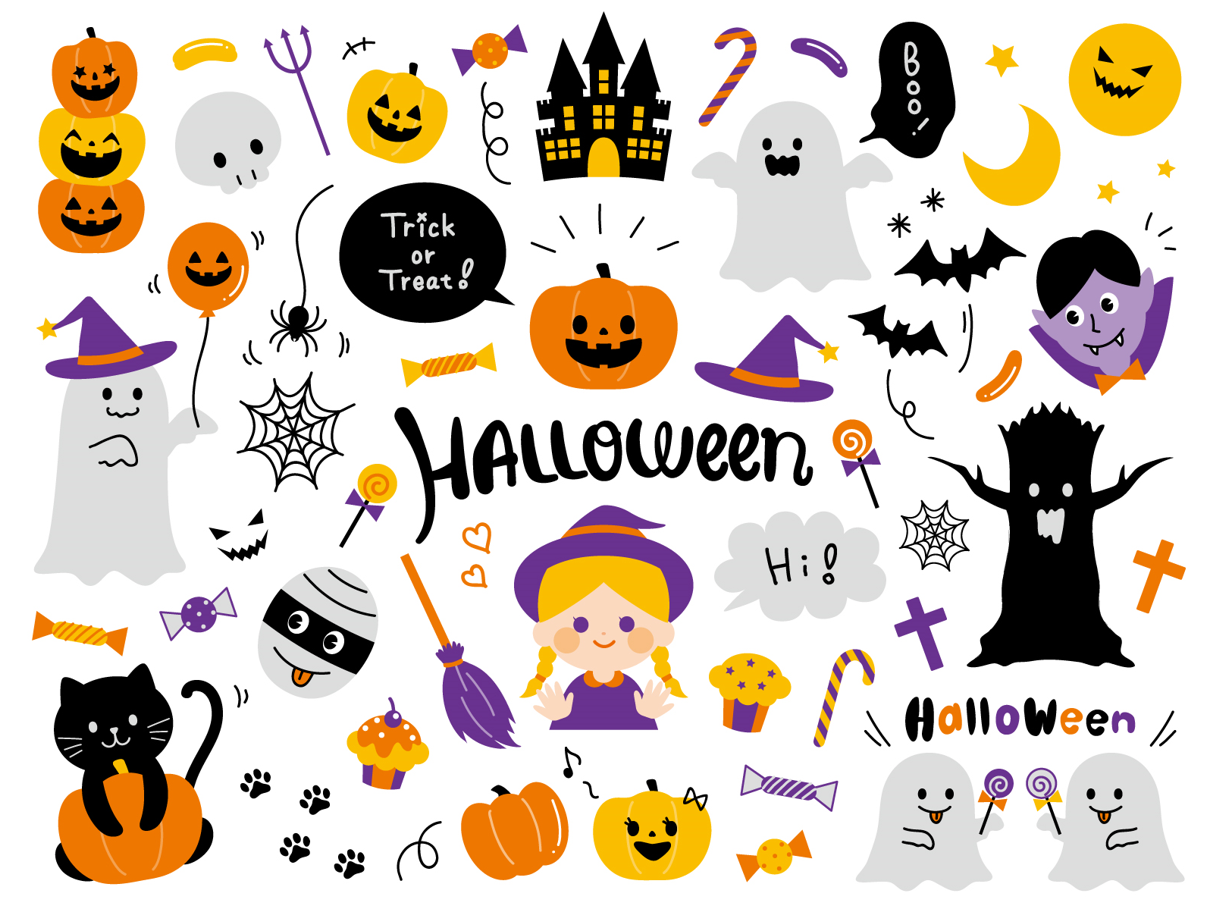ポップなゆるっとハロウィンセット（魔女、おばけ、ジャックオランタン、カボチャ、コウモリ、ドラキュラ、ミイラ、ミイラ男、ドクロ、黒猫、城、シンプル、オシャレ、ガーリー、かわいい、手描き）