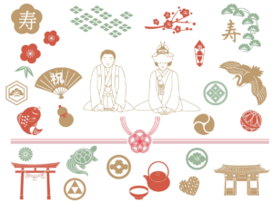 和風ウエディング　セット（ウエディング、線画、新郎、新婦、花嫁、花婿、和式、結婚式、セット、手書き、縁起物、和風、鶴、亀、松竹梅、鳥居、神社、家紋、扇子、祝、寿、水引、鯛、手描き、3色、シンプル、イラスト、結婚、ブライダル、アイコン、文字、男性、女性、白無垢、見出し、和装）