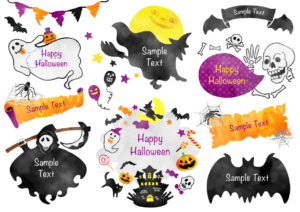 手描き　ハロウィンフレーム水彩（秋、フレーム、ハロウィン、水彩、手書き、アイコン、枠、吹き出し、ハロウィーン、シルエット、パターン、10月、イラスト、手描き、かわいい、見出し、タイトル、飾り、猫、星、装飾、ジャックオーランタン、ガーランド、風船、かぼちゃ、祭り、素材、魔女、おばけ、コウモリ、フレーム素材、フレームセット、フレーム枠、がいこつ、アメ、装飾枠、キャンディ、お菓子、パーティ、ドクロ、月、黒猫、ゴースト、セット、バリエーション、蜘蛛、蜘蛛の巣、骨、お城、死神）