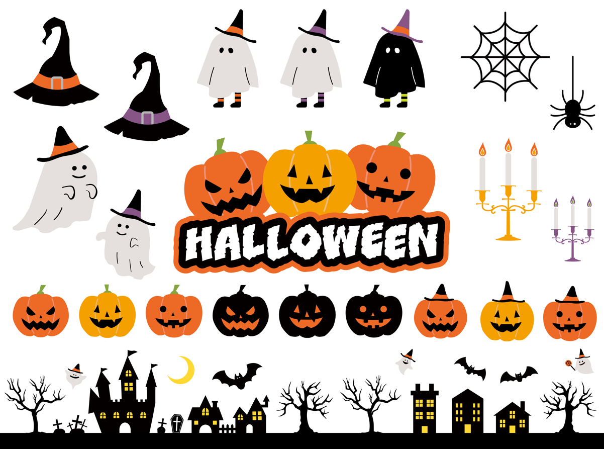 ハロウィンセット（ハロウィン、カボチャ、魔女の帽子、オバケ、ゴースト、蜘蛛の巣、蜘蛛、シルエット、枯れ木、街、コウモリ、棺桶、墓、お城、月、三日月、燭台、仮装）
