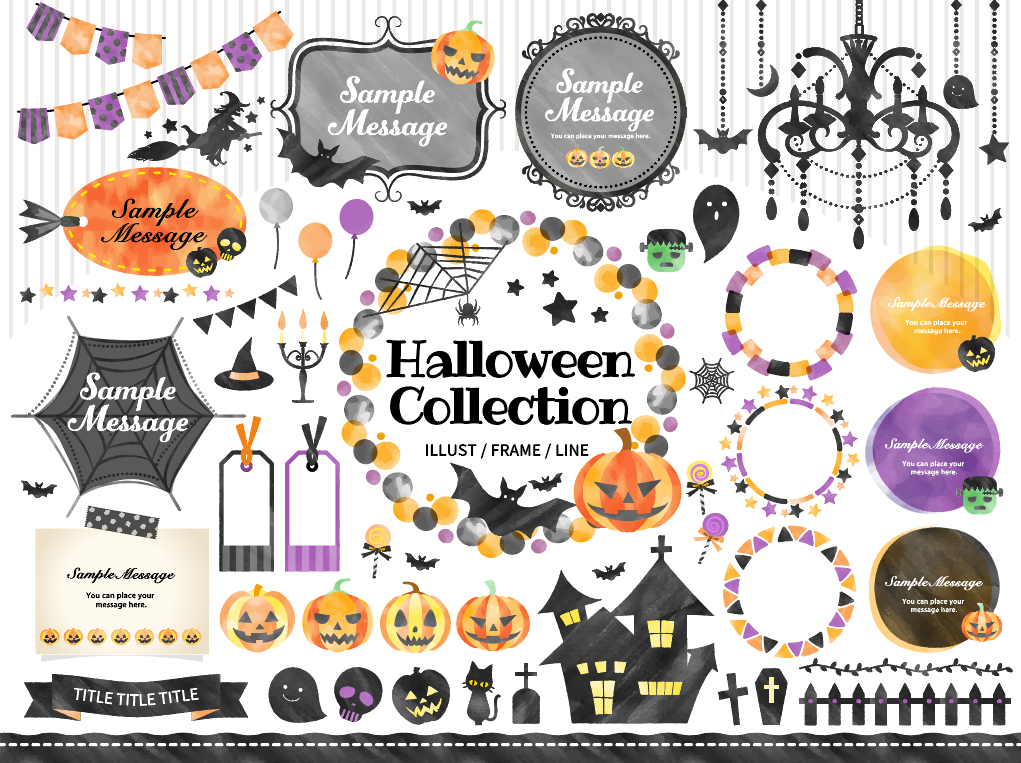 ハロウイン/水彩風フレームセット（フレーム、ハロウィン、イラスト、ハロウイン、水彩、シルエット、ライン、パターン、見出し、飾り枠、手書き、星、キラキラ、かわいい、かぼちゃ、パンプキン、ジャック・オ・ランタン、おばけ、ゴースト、コウモリ、クモ、クモの巣、十字架、魔女、フランケンシュタイン、シャンデリア、ろうそく、フラッグ、旗、ガーランド、キャンディ、ネコ、城、家、がいこつ、お菓子、棺桶、墓、柵、月）