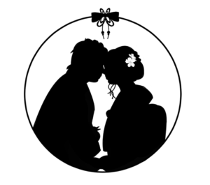 和装　シルエット　ワンポイントあり（結婚式、和装、シルエット、白黒、桜、新郎、新婦、和服、女性、男性、花嫁、花婿、人物、着物）