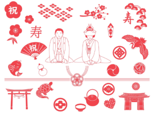 和風結婚式セット（結婚式、ウエディング、線画、和式、新郎、新婦、縁起物、水引、1色、赤、鳥居、家紋、祝、寿、文字、鯛、鶴、亀、セット、アイコン、梅、松、竹、シンプル、和風、人物、和装、袴、イラスト、見出し、お祝い、白無垢、着物、お酒、ハート）