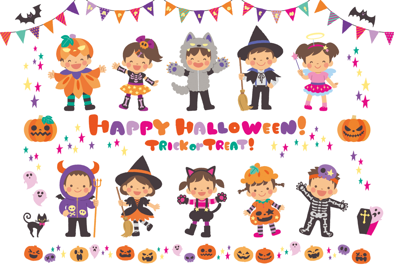 ハロウィンの子どもたち（にぎやか、かぼちゃ、ジャックオランタン、スケルトン、おばけ、黒猫、狼男、耳、天使、悪魔、ファンタジー、魔法使い、着ぐるみ、仮装、子供、ガーランド、かわいい）