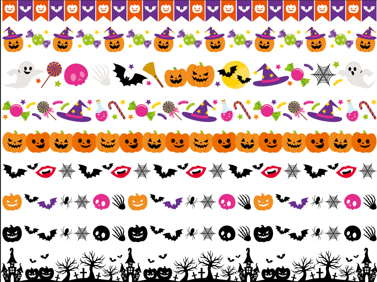 ハロウィン飾り罫線いろいろ　キャンディー　ジェリービーンズ　どくろ　カボチャ　蜘蛛の巣