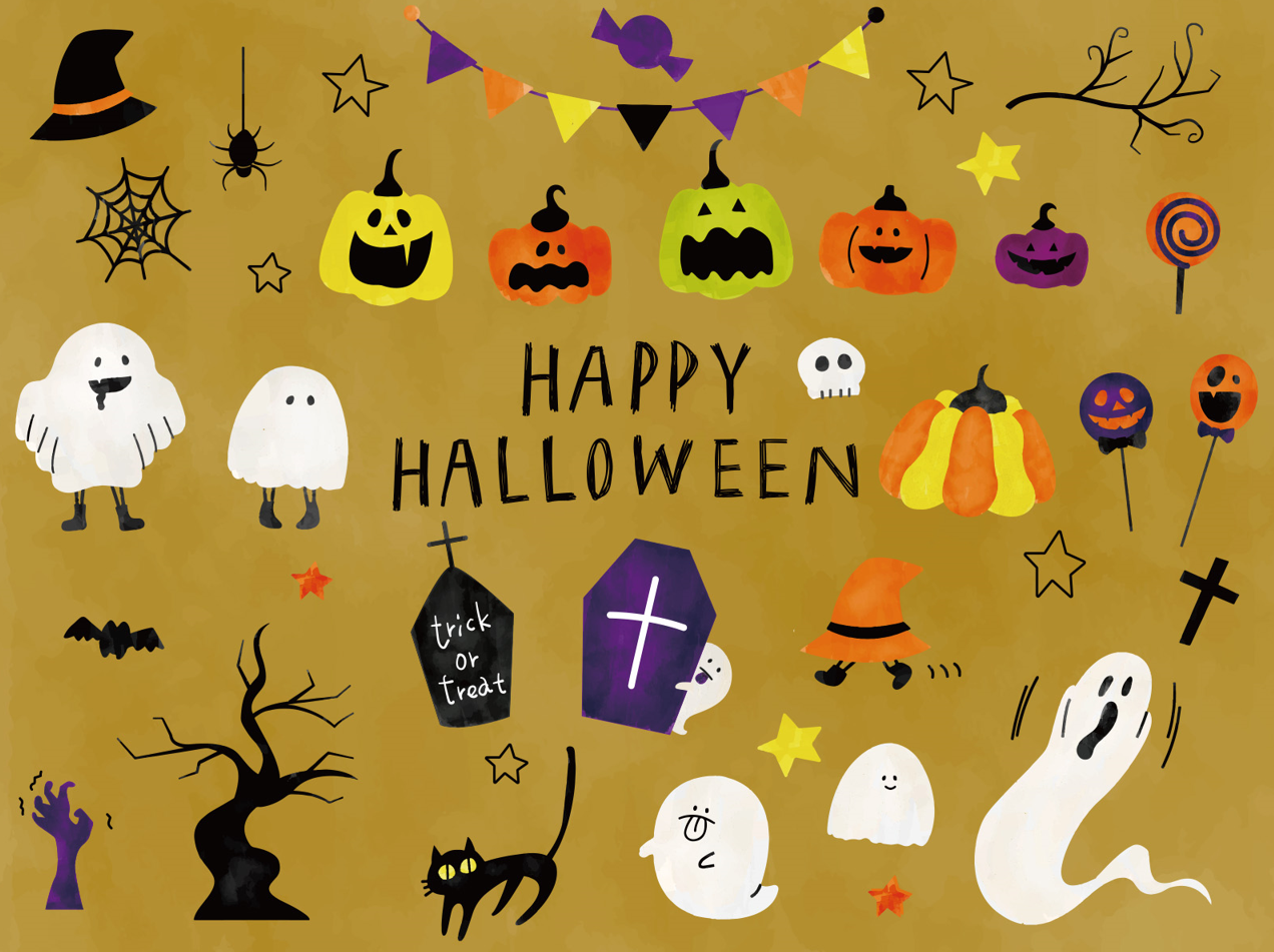 水彩風ハロウィンイラストセット（あしらい おしゃれ かぼちゃ おばけ 蜘蛛 星 ガーランド 飴 墓 黒猫 十字架）