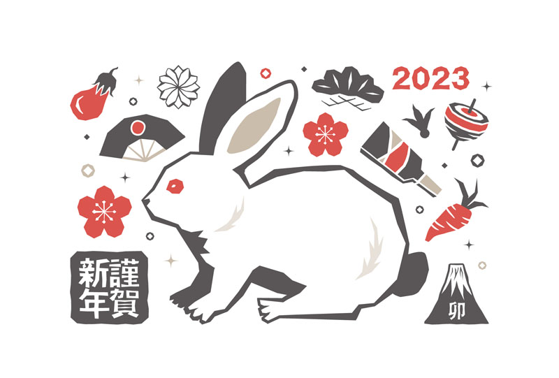 版画風のうさぎと和柄モチーフのテンプレート