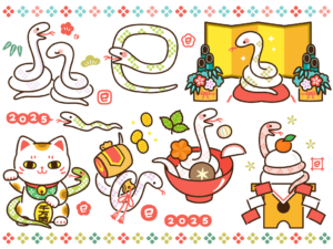 巳年イラストセット（蛇、2025、門松、梅、竹、松、松竹梅、招き猫、和雑貨、雑貨、打ち出の小槌、お雑煮、カラフル、お飾り、かわいい、デフォルメ）