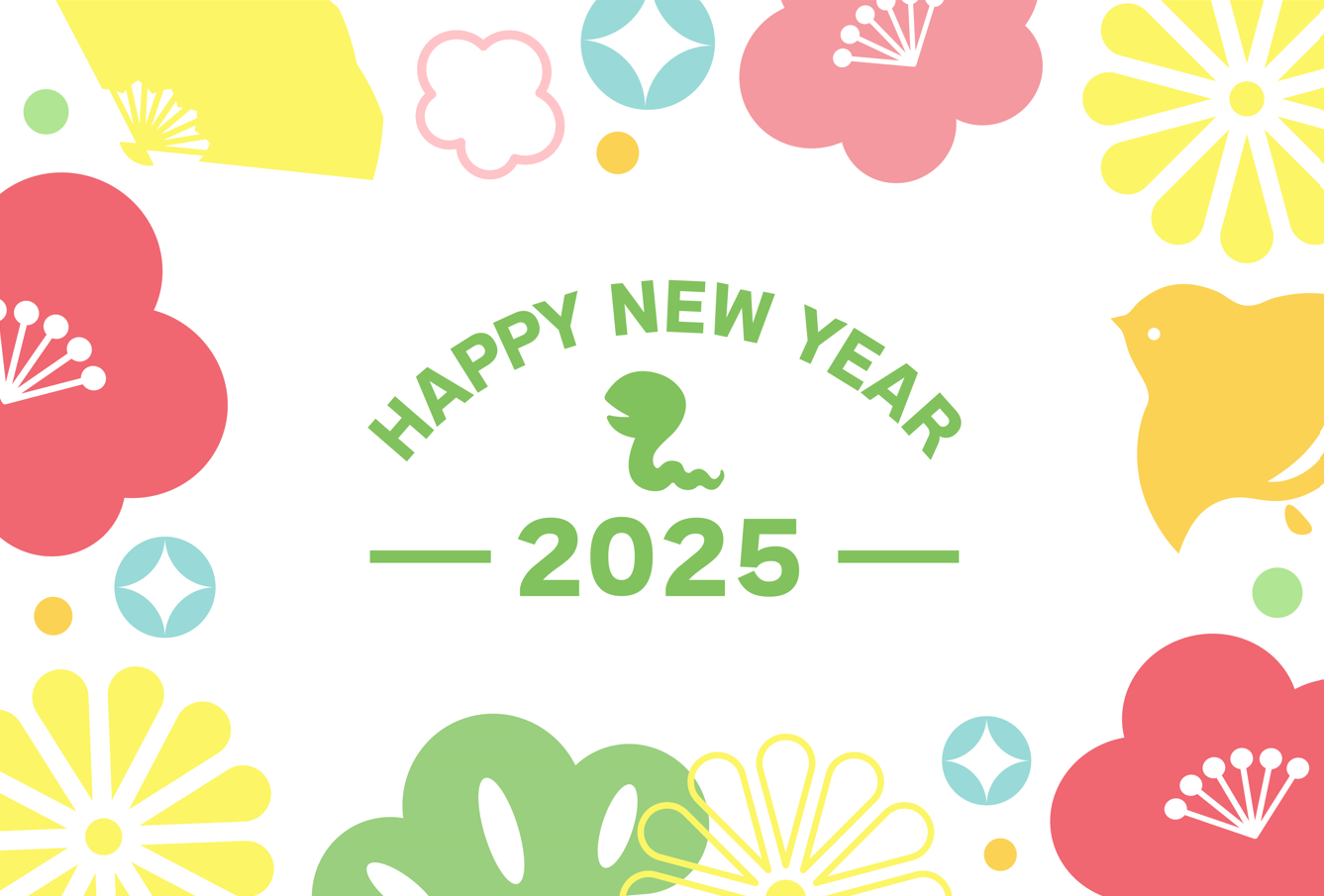 2025年の年賀状大きな和柄の飾り枠（和柄、キラキラ、かわいい、おしゃれ、手描き、スタイリッシュ）