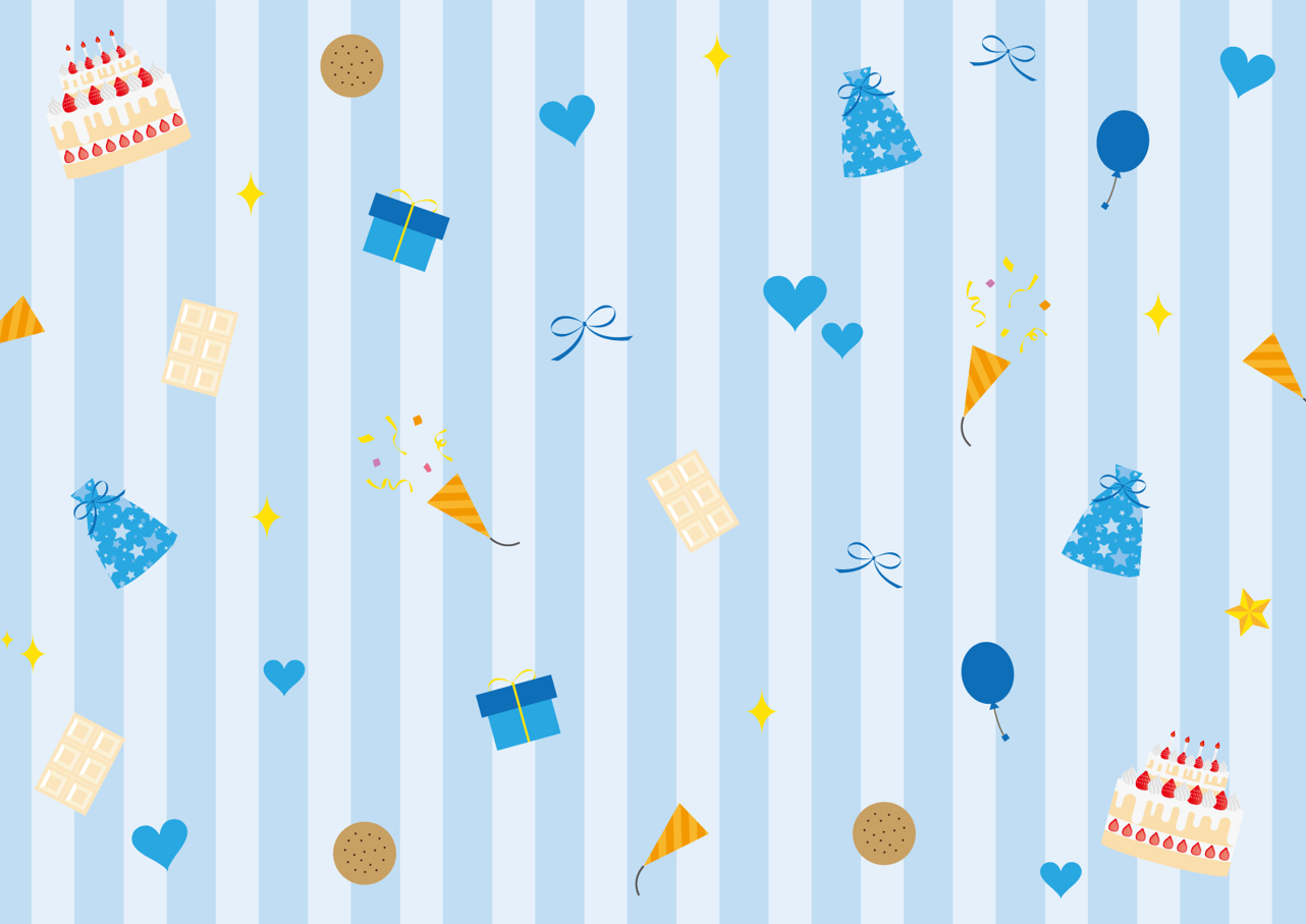 おしゃれなホワイトデーのイラスト背景（ホワイトデー、ハート、ホワイトチョコレート、クッキー、ケーキ、プレゼント、リボン、クラッカー、風船、縞模様、背景）